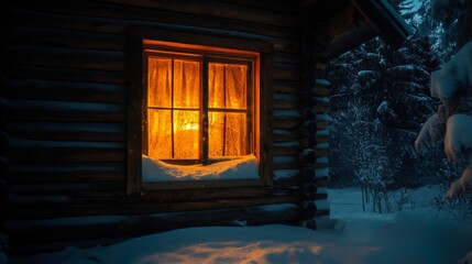 A Cabin Window Glowing Warmly in the Snowy Wilderness