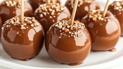 Delicious Caramel Apples Topped With Nuts on a White Platter for a Festive Treat