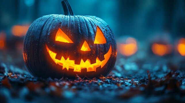 A glowing jack-o'-lantern with an eerie expression set in a dark forest, capturing the essence of Halloween and the spooky atmosphere associated with this festive occasion.