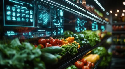 Fresh vegetables displayed in a futuristic grocery store, with glowing holographic nutritional information  Futuristic  Hologram  Eco-Friendly