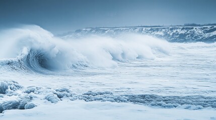 Frozen Waves Crashing Against a Snowy Coastline
