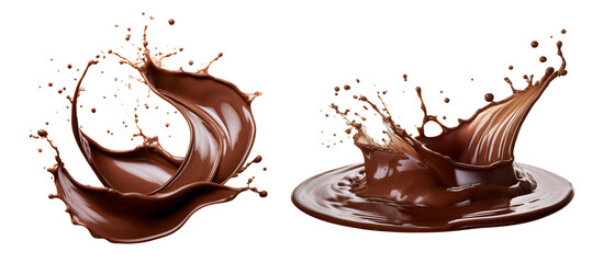 Set of chocolate splashes, cut out. Flowing and dripping chocolate.