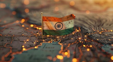 Indian flag on a map, with a blurred background.