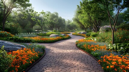 Fototapeta premium Vibrant Garden Path Through Colorful Flowers and Green Trees
