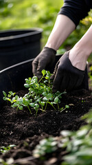 Fototapeta premium Hands planting green plants in organic soil for sustainable gardening and agriculture