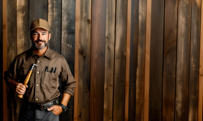 portrait of professional handyman standing in working uniform and tool in his hand; copy space on wooden background