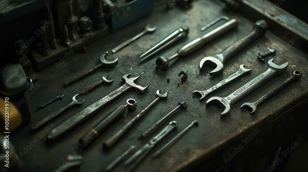 Poster an assortment of wrenches and tools on a workbench