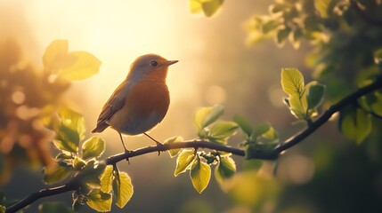 Obraz premium Peaceful bird sitting on branch under glowing sun image