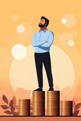 Obraz premium Confident man standing on coin stacks.