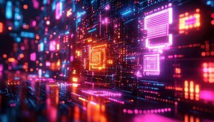 Holiday party with glowing digital invitations and futuristic neon decorations  Futuristic  Neon  High Detail