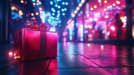 Holiday shopping with smart holographic gift guides and futuristic glowing storefronts  Futuristic  Neon  Minimalist