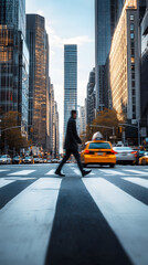 Urban Morning Commute: Businessman Crossing Busy NYC Street with Skyscrapers in Background