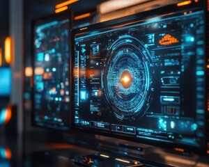 Obraz premium Home entertainment system with holographic screens and smart home integration Futuristic Hologram High Detail