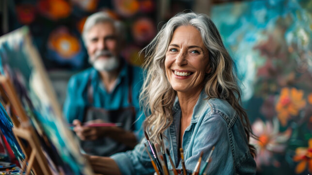 Joyful elderly artist smiling at an art event with friends in a vibrant gallery