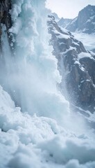 Macro shot of snow cascading down in an avalanche with blurred rocks and ice background