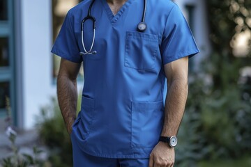 Fototapeta premium A Man in Blue Scrubs with a Stethoscope and Watch