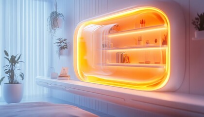 Obraz premium Home storage solutions with digital space-saving designs and futuristic smart shelves Futuristic Hologram Minimalist