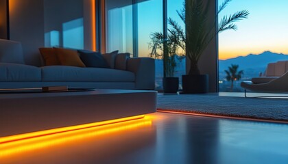 Fototapeta premium Interior design with sleek, modern furniture and digital lighting controls in a smart home Futuristic Minimalist Soft Lighting