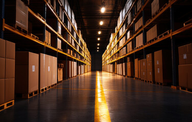 Fototapeta premium This image depicts a well-organized warehouse interior, showcasing neatly stacked boxes on shelves and creating an efficient storage environment under bright lighting.