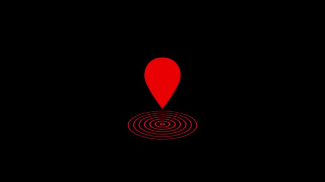 Location indicator and location icon animation. GPS icon in full red color on black screen background.