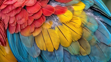 Obraz premium A bird's feathers in focus; green, yellow, red, and blue blur in the background