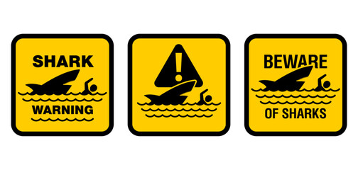 Obraz premium Beware of Sharks with fish silhouette, square shapes, 3 versions