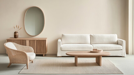 Modern living room featuring neutral tones, a stylish sofa, a round coffee table, and minimalist decor in a bright space