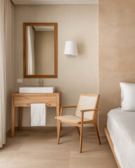 Stylish and minimalistic bedroom corner featuring a wooden vanity, chair, and soothing color palette in a contemporary design