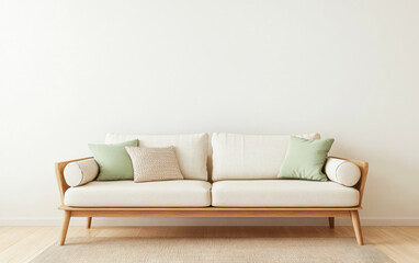 Modern light-colored sofa with green decorative pillows on natural wood floor against a plain white wall in a minimalist living room