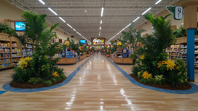 vibrant grocery store interior featuring lush greenery and colorful flowers, creating welcoming atmosphere for shoppers. well organized aisles showcase variety of products, enhancing shopping