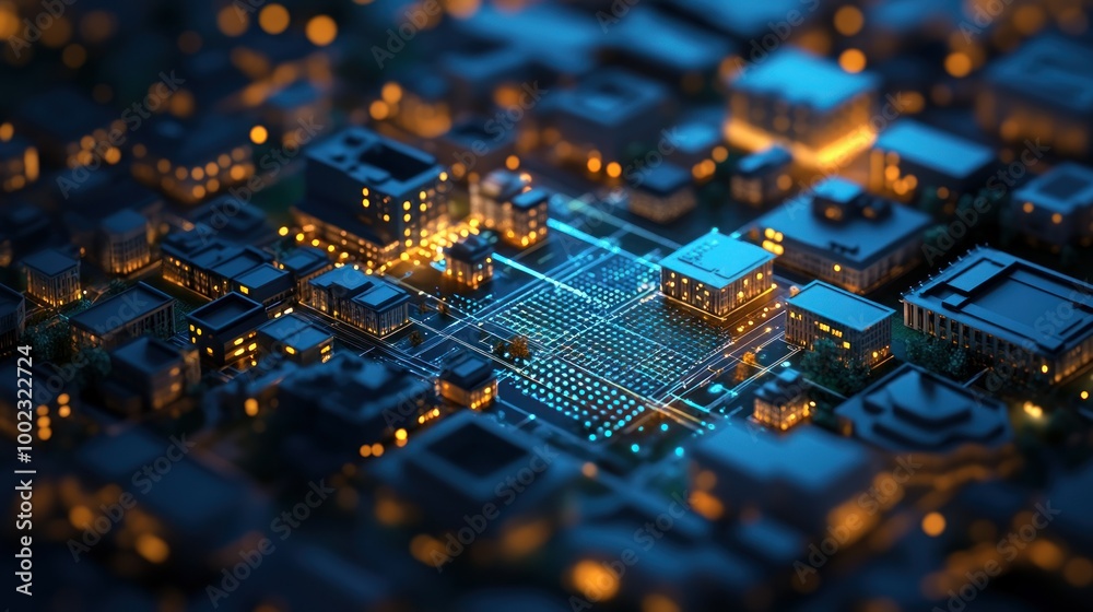 Poster miniature cityscape with illuminated buildings and a network of blue lines