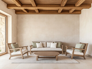 Stylish living room featuring wooden furniture, neutral tones, and natural light in a modern interior design