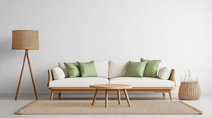 Modern living room featuring a stylish sofa, minimalist decor, and natural elements in a bright, airy space