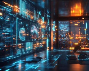 Fototapeta premium Marketing strategy brainstorming in a futuristic office with glowing digital screens Futuristic Neon High Detail