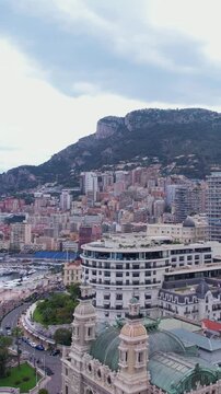 Vertical, Monte Carlo Monaco Downtown Buildings, Famous Casino and Harbor, Establishing Drone Shot