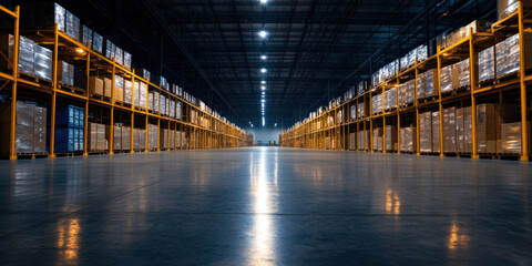 An expansive view of a modern warehouse, showcasing illuminated aisles lined with neatly stacked pallets, emphasizing efficiency and organization in logistics and inventory management.