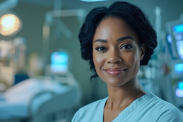Portrait of a Smiling Black Female Doctor in a Hospital Room