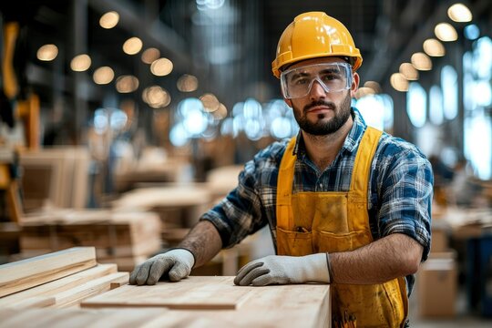 A Carpenter Wearing a Yellow Hard Hat and Gloves in a Workshop