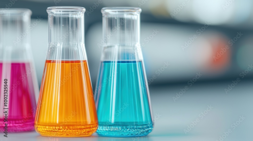 Wall mural colorful lab flasks with liquid in scientific setting