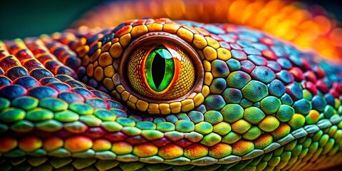 Obraz premium Capturing a close-up of a snake's mesmerizing eyes adorned with detailed patterns and bright colors, harmoniously