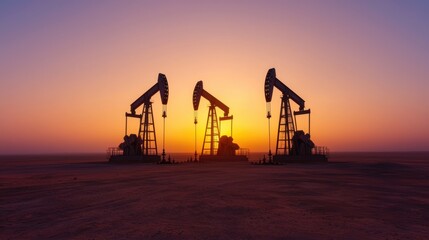 Sunset Over Oil Pumps in Desert Landscape