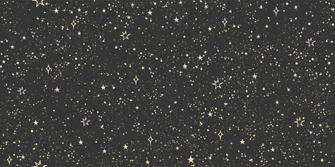 Seamless cosmic boho pattern with stars on black background for tarot, astrology. Mystical sky with abstract ornament for horoscope. Vector illustration.