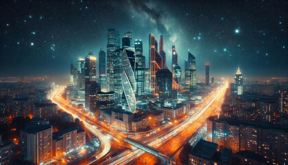 Obraz premium A futuristic city illuminated by a starry night sky, with tall modern skyscrapers and vibrant light trails from the bustling traffic below