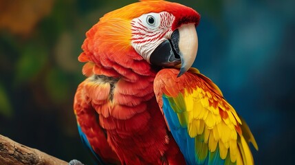 Fototapeta premium Colorful parrot perched on a branch in a vibrant setting.