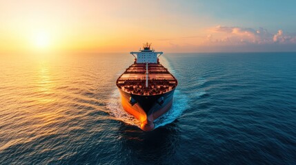 Obraz premium Cargo ship sailing at sunset on calm ocean waters