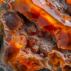 macrophotography of the iridescence of the orange texture of natural carnelian stone 
