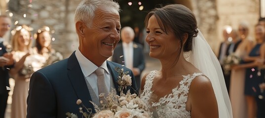 Mature Couple Celebrates Wedding With Joy And Laughter, Surrounded By Loved Ones And Confetti