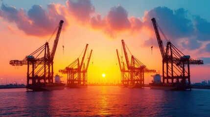 Obraz premium Sunset Over Industrial Cranes at Port