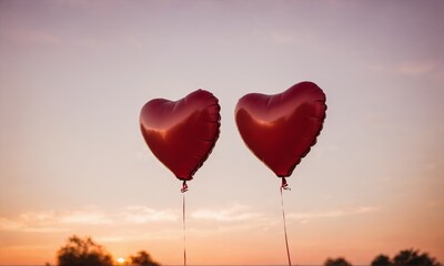 Fototapeta premium Two red heart-shaped balloons float against a cloudy sunset sky