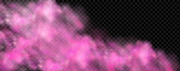 Pink powder dust with glittering shimmering swirls, shiny glitter design. Magical motion, sparkling lines on a black background.